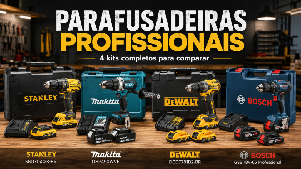 Quatro kits de parafusadeiras profissionais Makita, Bosch, DeWalt e Stanley