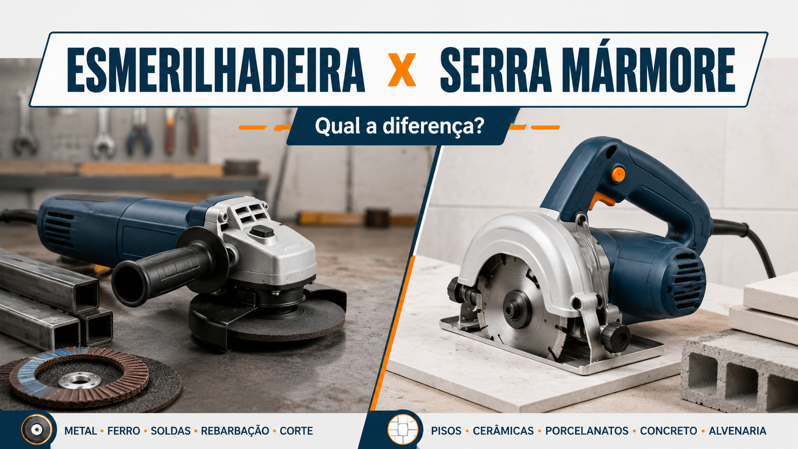 Comparação visual entre uma esmerilhadeira para corte e desbaste e uma serra mármore usada em pisos e pedras
