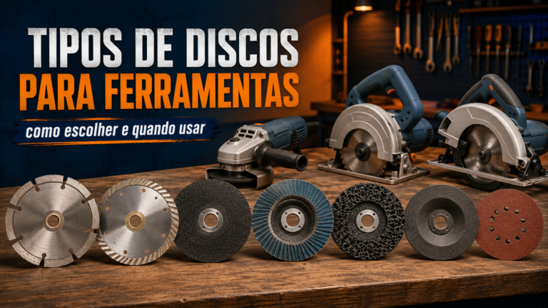 Capa ilustrativa com diferentes tipos de discos para ferramentas e máquinas de corte e desbaste