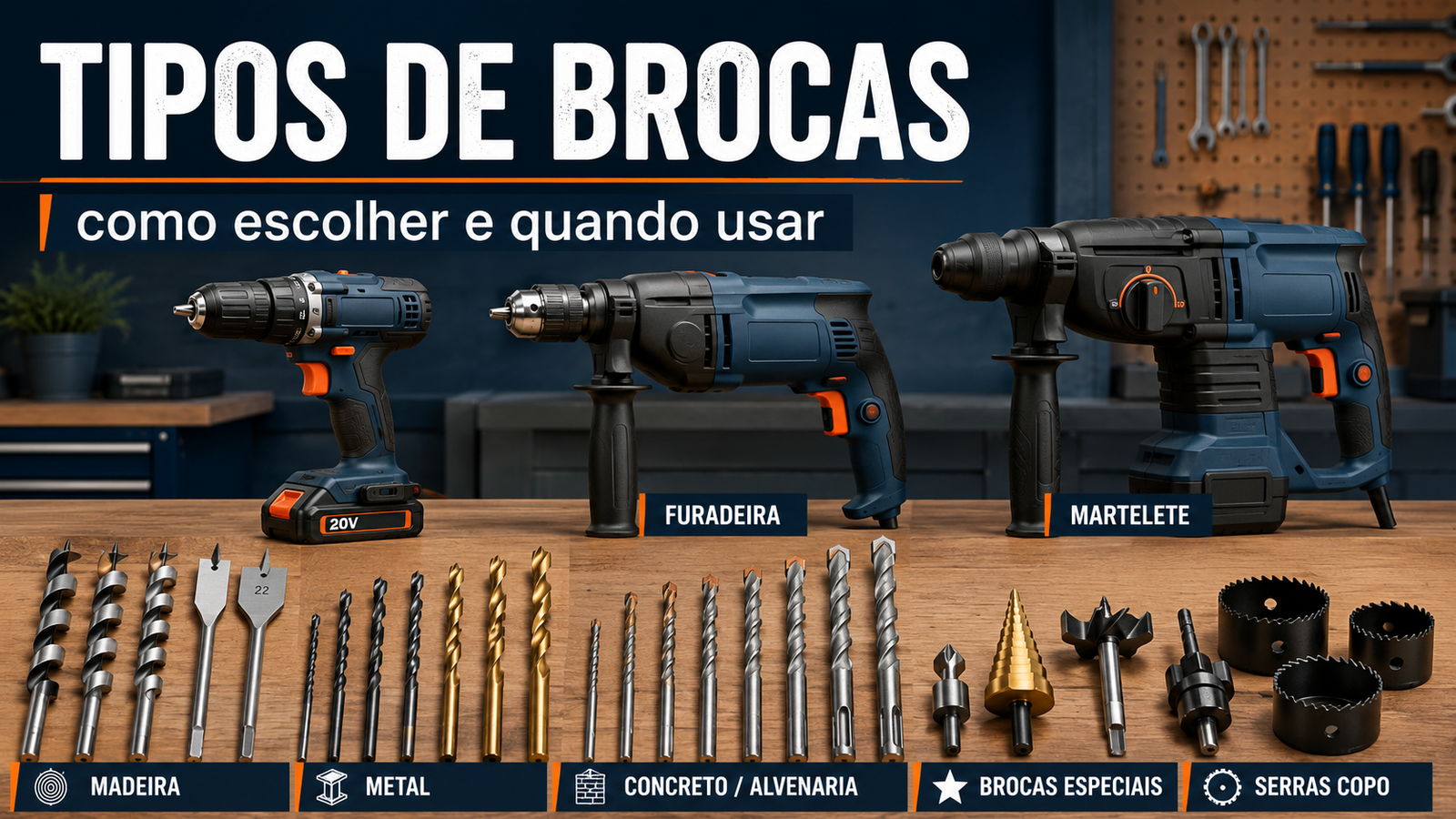 Tipos de brocas para madeira, metal, concreto, cerâmica e furos grandes