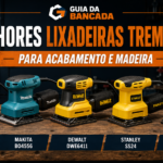 Cinco lixadeiras orbitais treme-treme sobre uma bancada de madeira